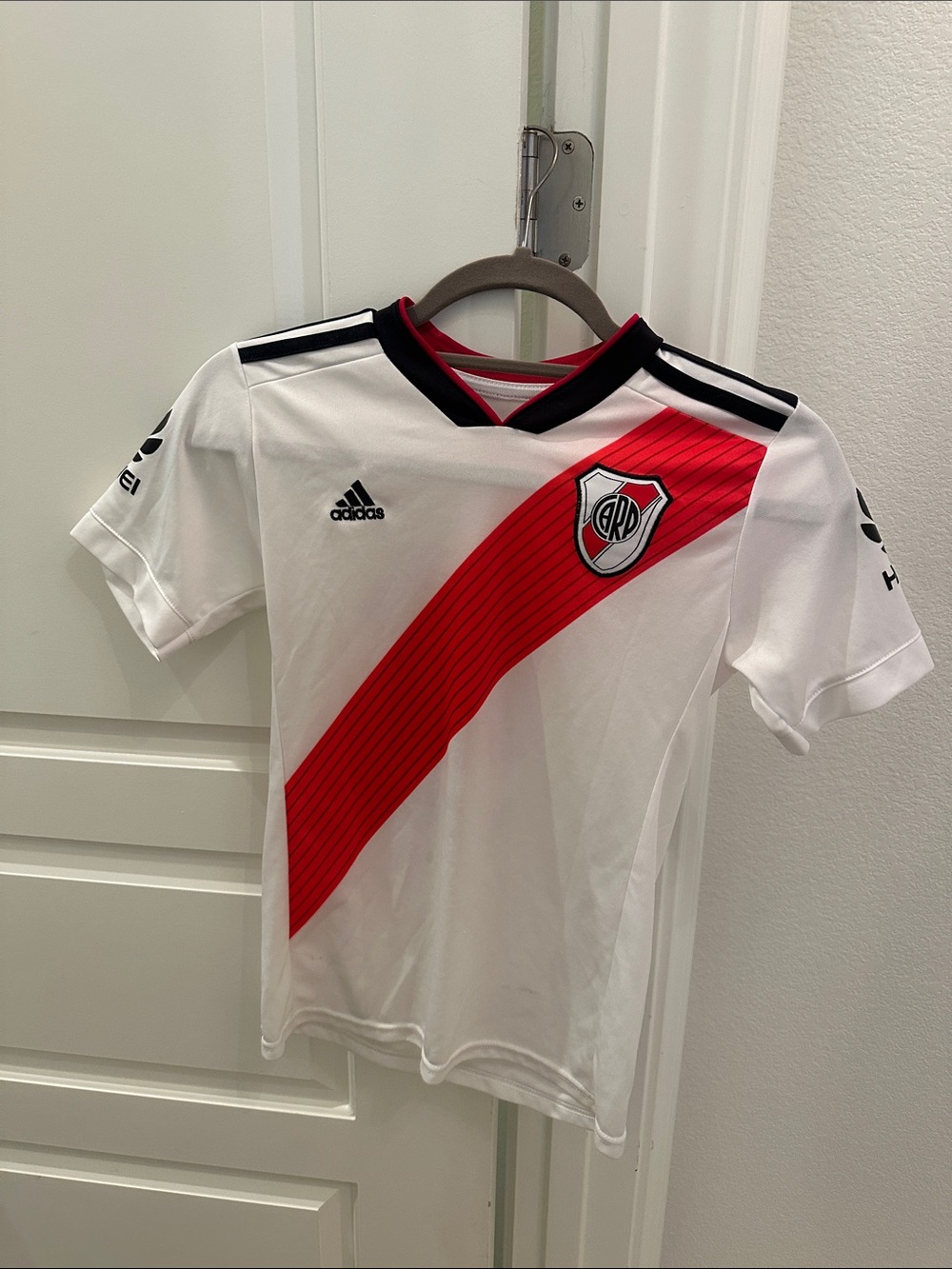 adidas Kids White & Red Soccer Jersey with Diagonal Sash